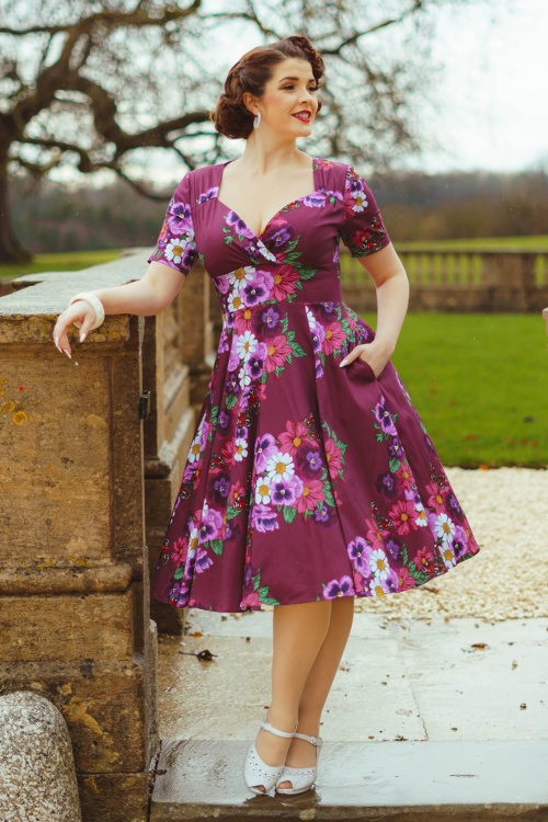 Hearts & Roses - Berry Blossom swing jurk in donker magenta