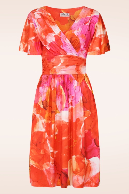 Vintage Chic for Topvintage - Topvintage exclusive ~ Irene aquarel overslag swing jurk in oranje en roze