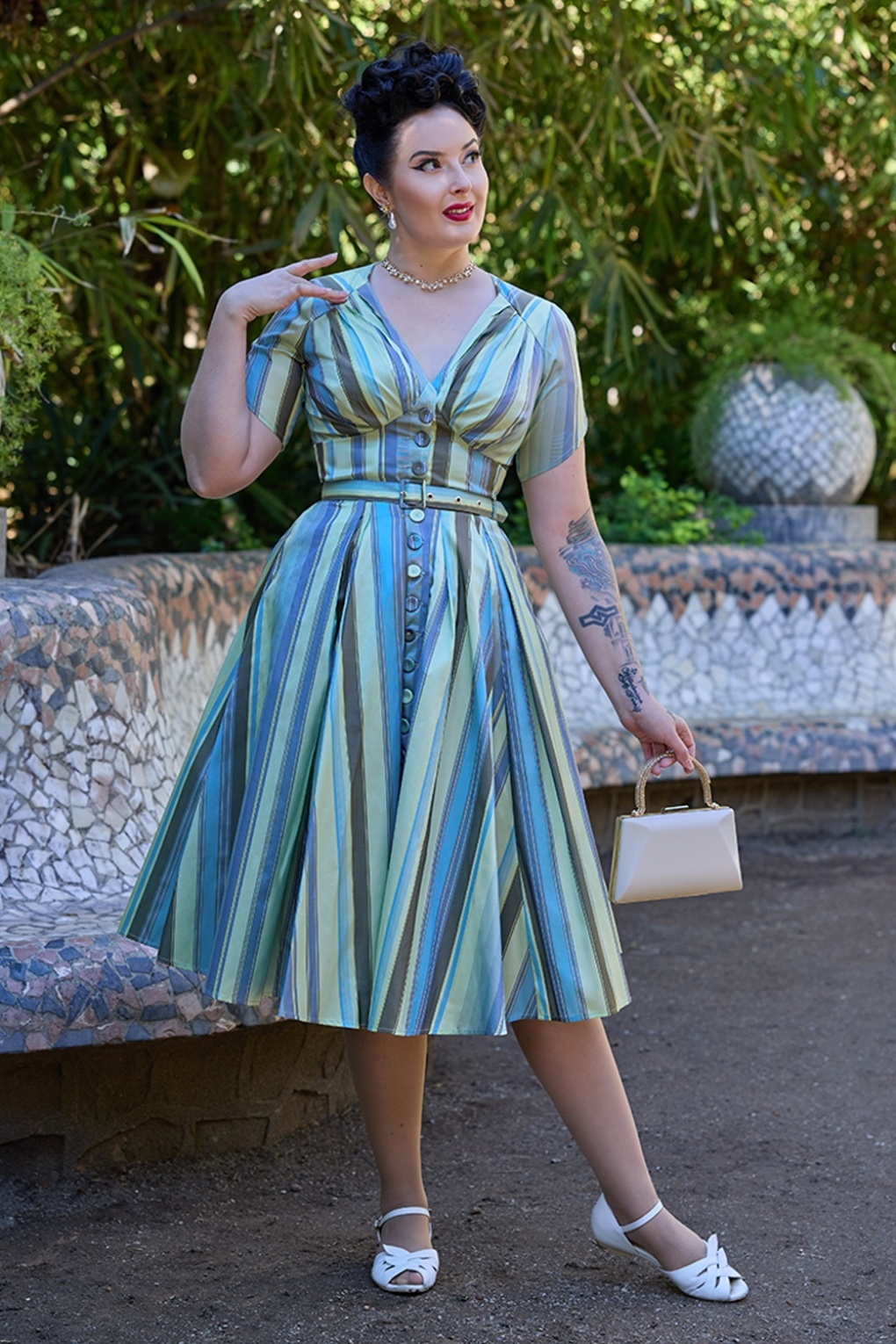 50s Dresses Striped Swing Dress 2PS White Bowknot Shirt And Blue Stripe Swing Strap Dress 1950s 50s Dresses Striped Swing Dress 2PS White Bowknot Shirt And Blue Stripe Swing Strap Dress 1950s