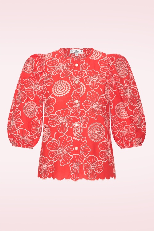 Very Cherry - Betsy Calina klaproos katoenen broderie blouse in koraal 2