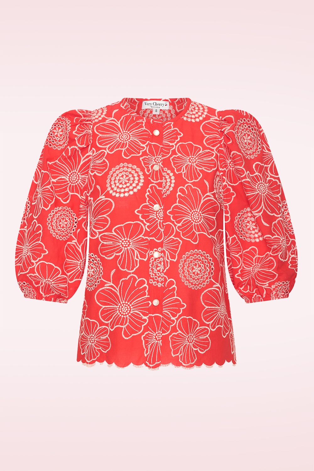 Very Cherry - Betsy Calina klaproos katoenen broderie blouse in koraal 2