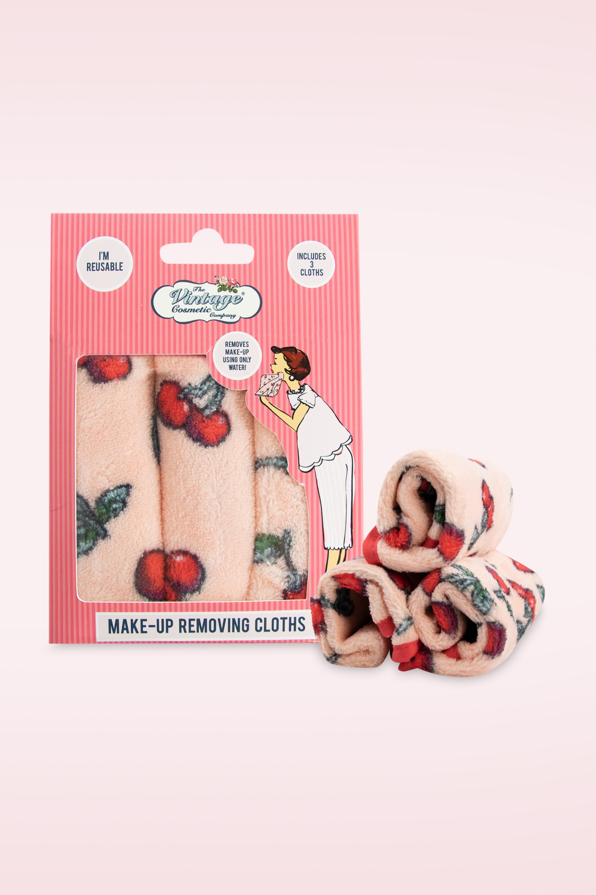 The Vintage Cosmetic Company - Make-updoekjes met kersenprint in roze