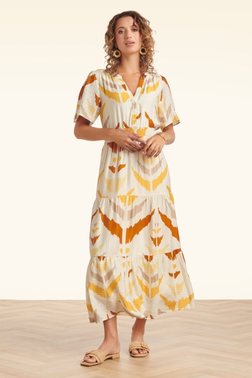 Smashed Lemon - Mila maxi jurk in crème en geel 
