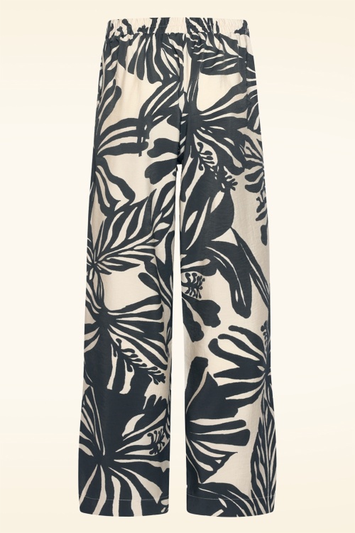 Smashed Lemon - Monotropical pantalon met wijde pijpen in gebroken wit en zwart 4