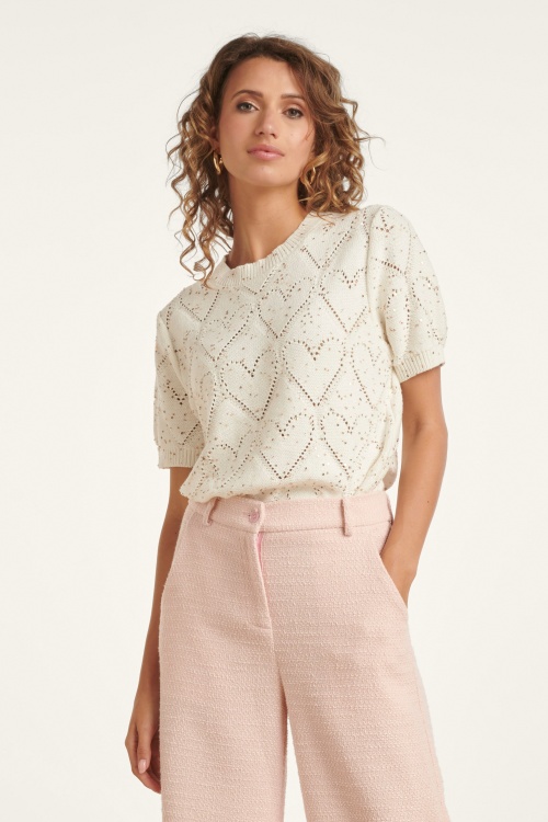 Smashed Lemon - Sweetheart Sparkle gebreide top in gebroken wit