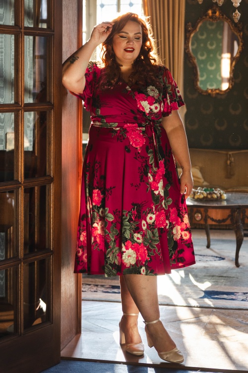 Vintage Chic for Topvintage - Topvintage exclusive ~ Irene floral overslag swing jurk in wijnrood 