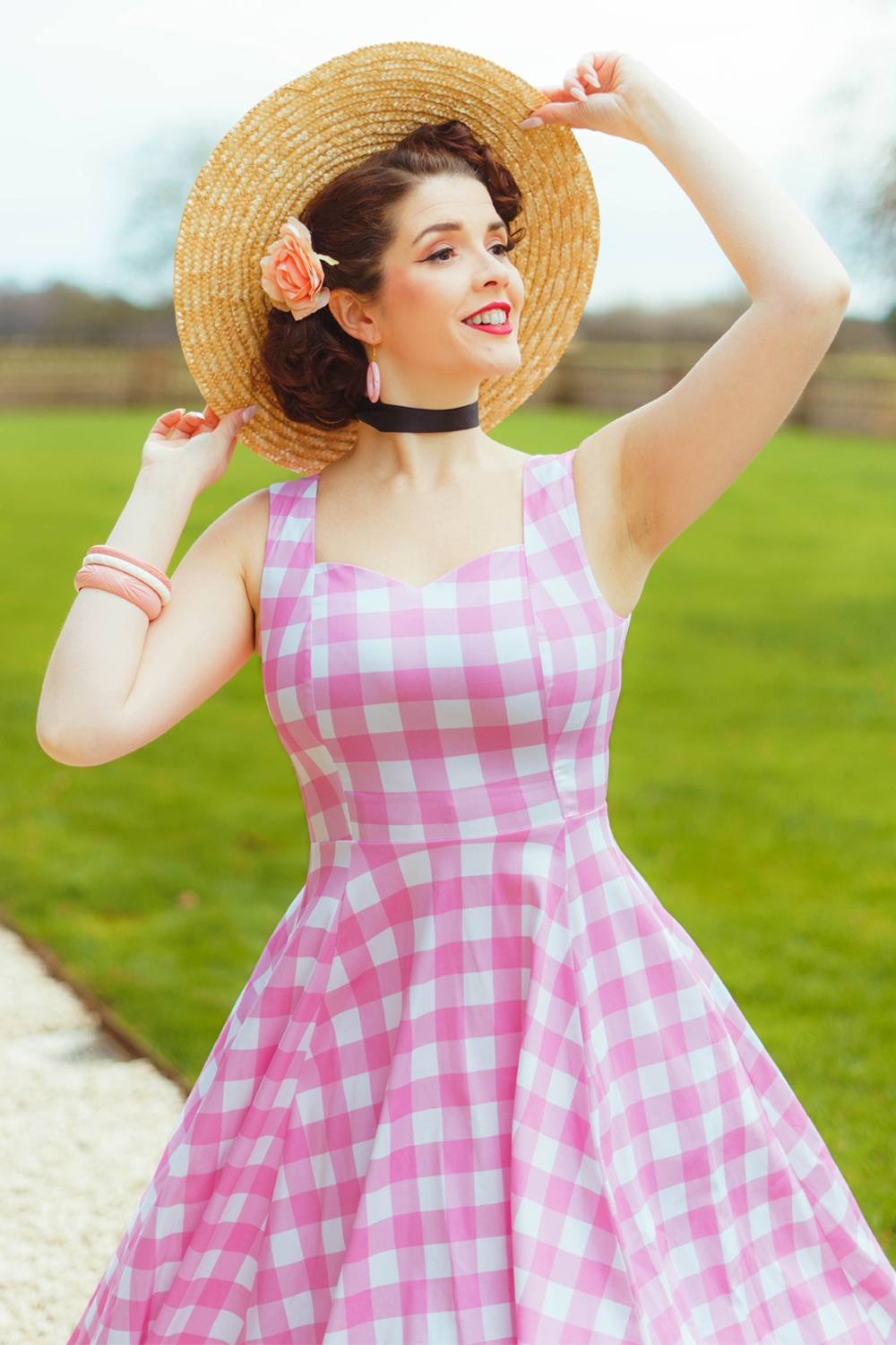 Hearts & Roses - Pink Meadow Check swing jurk in wit en roze 3