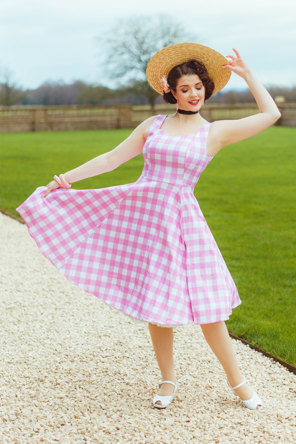 Hearts & Roses - Pink Meadow Check swing jurk in wit en roze