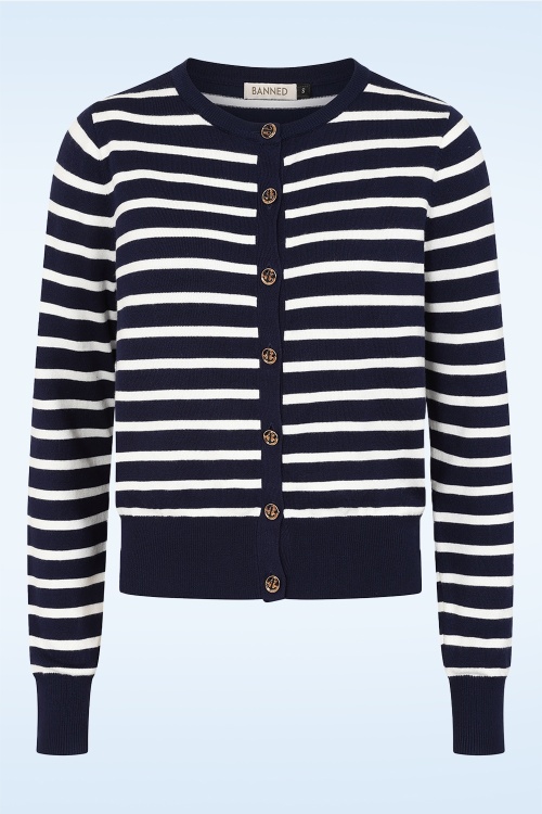 Banned Retro - Nautical Lines trui in marineblauw en wit 2
