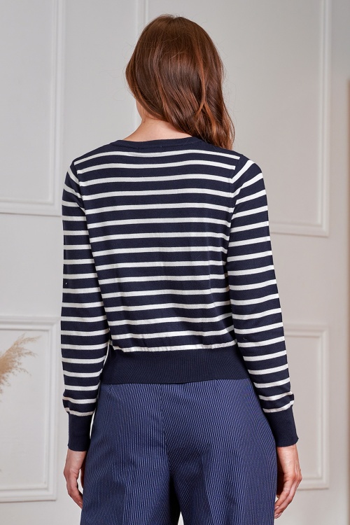 Banned Retro - Nautical Lines trui in marineblauw en wit 4