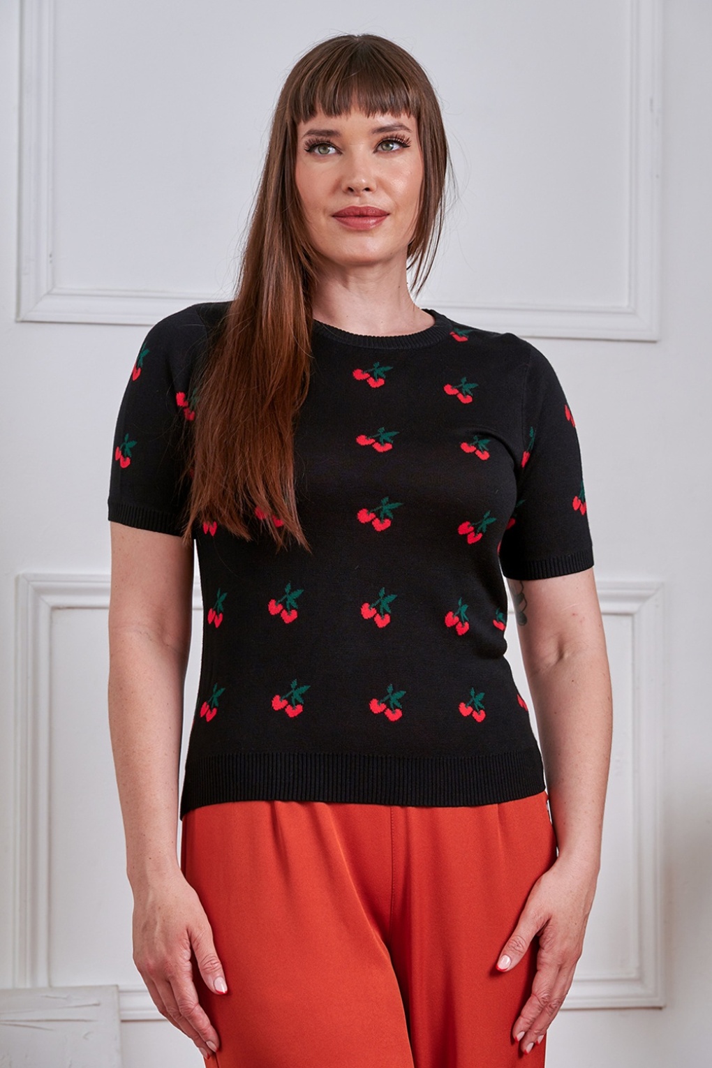 Banned Retro Sonia Fair Isle Cherry Jumper in Black | Topvintage