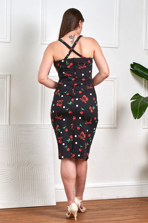 Banned Retro - Tullia Cherries And Bows pencil jurk in zwart 2