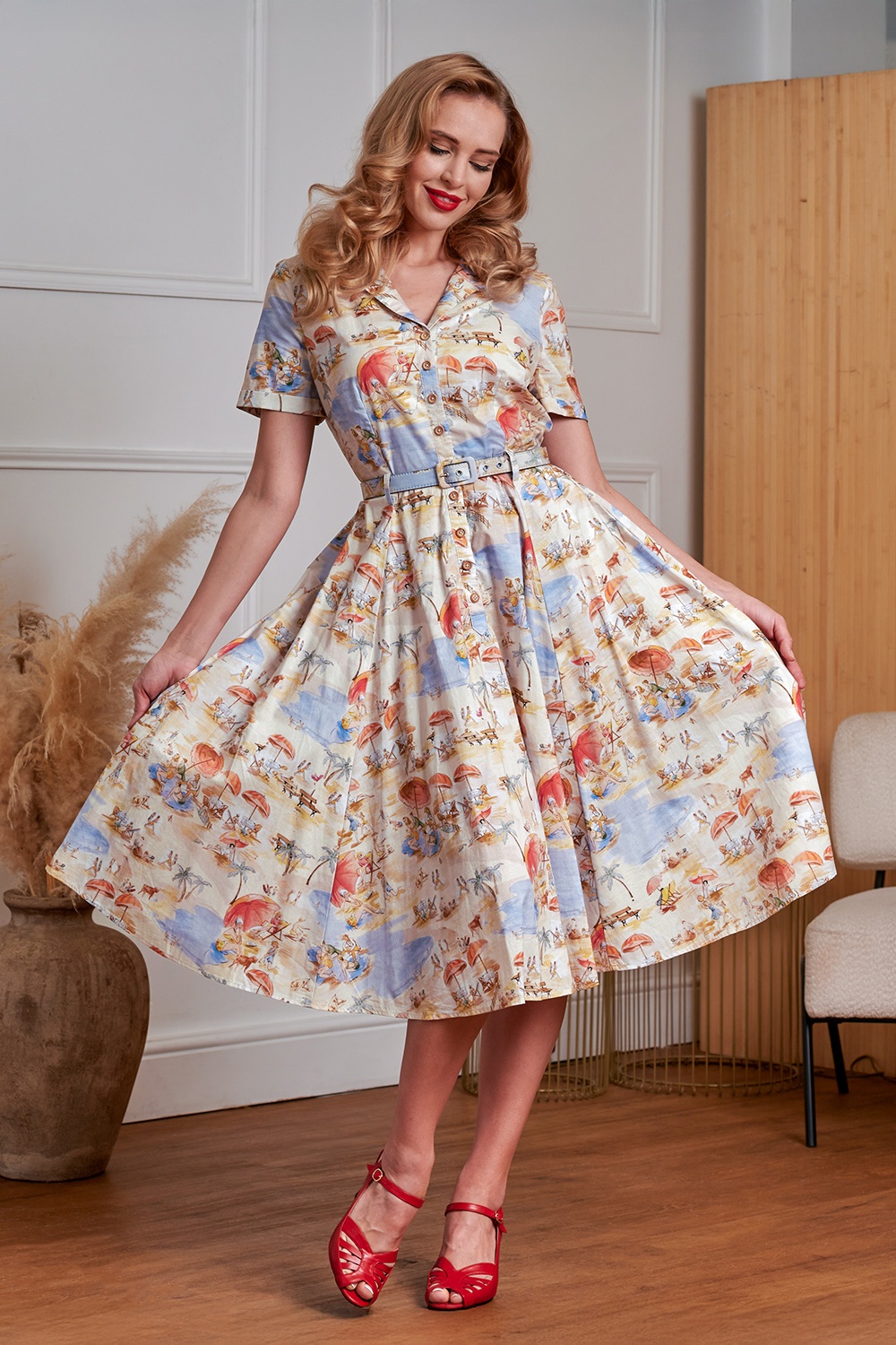 Banned Retro - Bella Retro Beach swing jurk in crème en multi