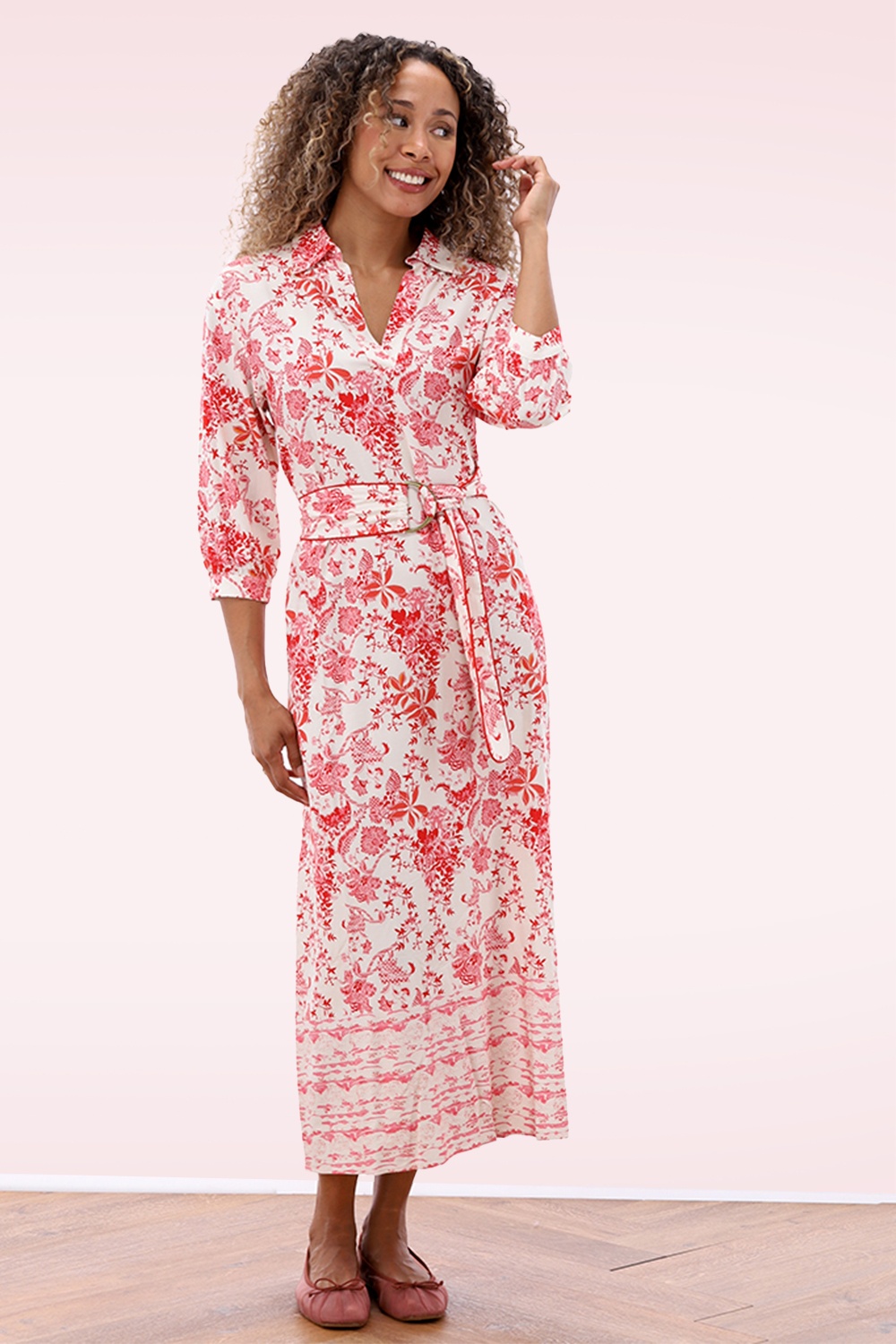 K-Design - Sakura Blossom maxi jurk in crème en roze