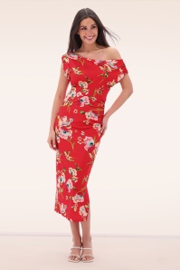 K-Design - Clementine Floral pencil jurk in koraal en multi 4