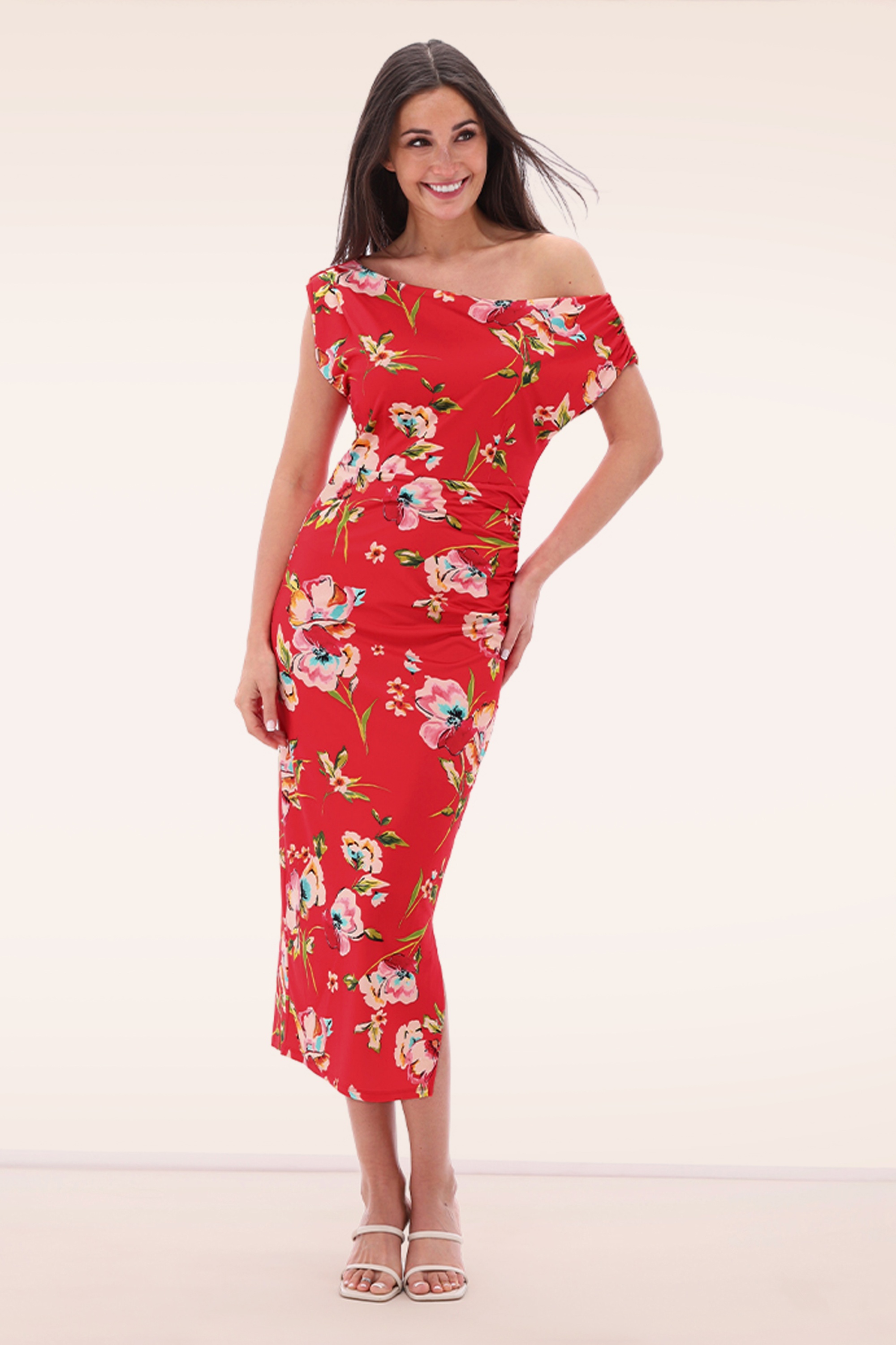 K-Design - Clementine Floral pencil jurk in koraal en multi 4