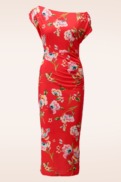 K-Design - Clementine Floral pencil jurk in koraal en multi 2