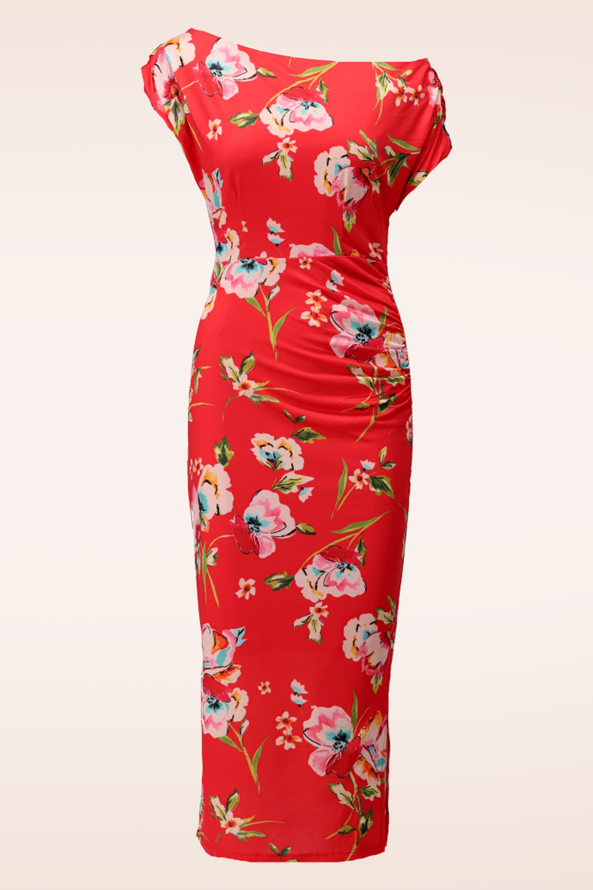 K-Design - Clementine Floral pencil jurk in koraal en multi 2