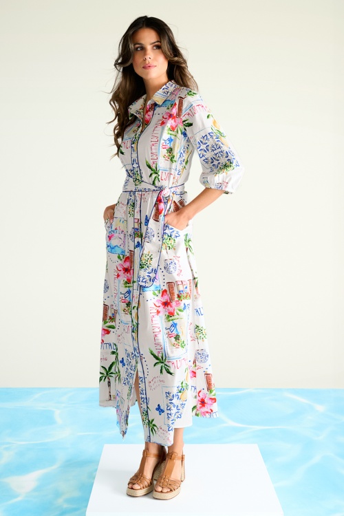 You’re My Lobster by K-design - Amalfi Dream katoenen maxi jurk in wit en multi