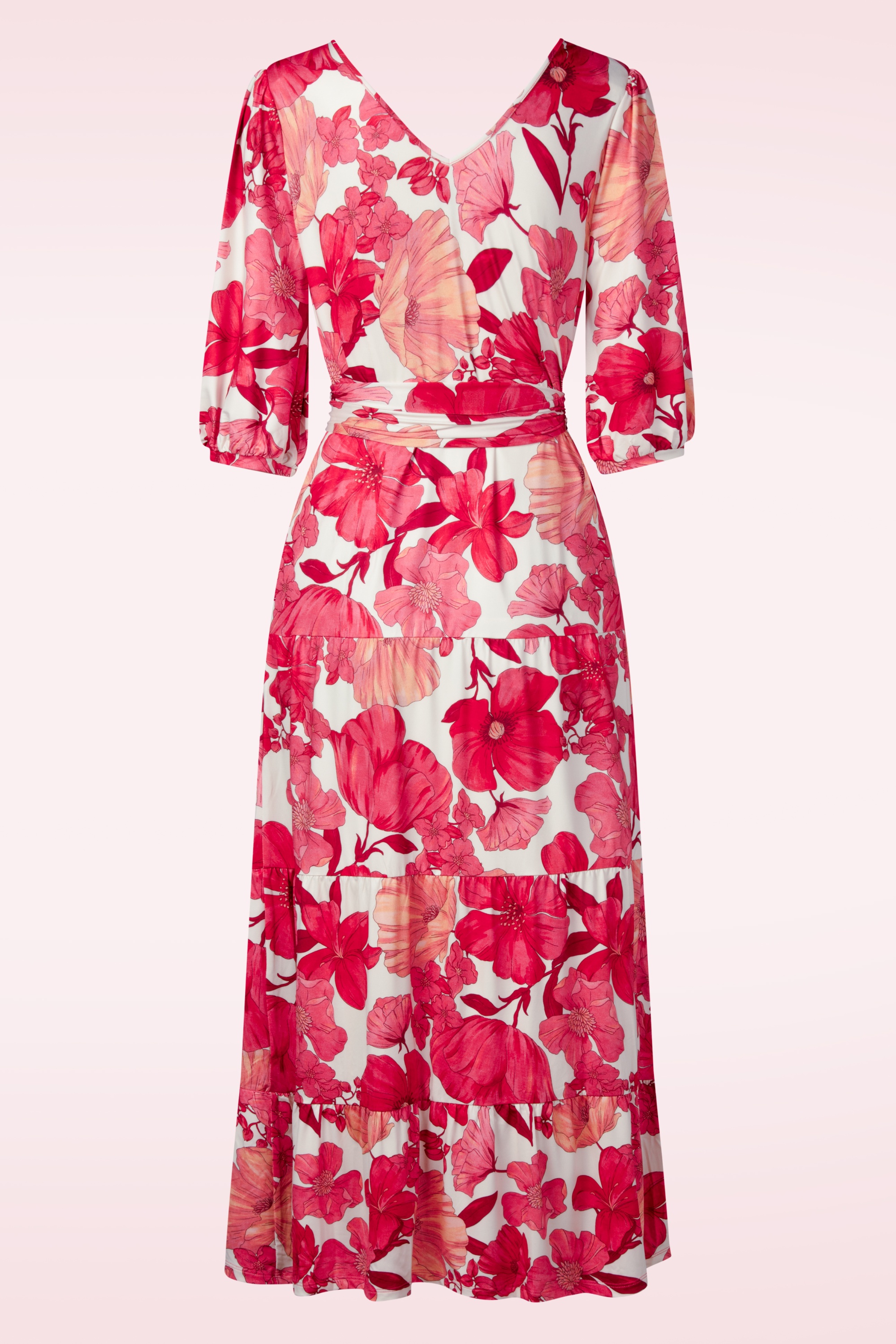 K-Design - Amber Blossom maxi jurk in gebroken wit en rood 4