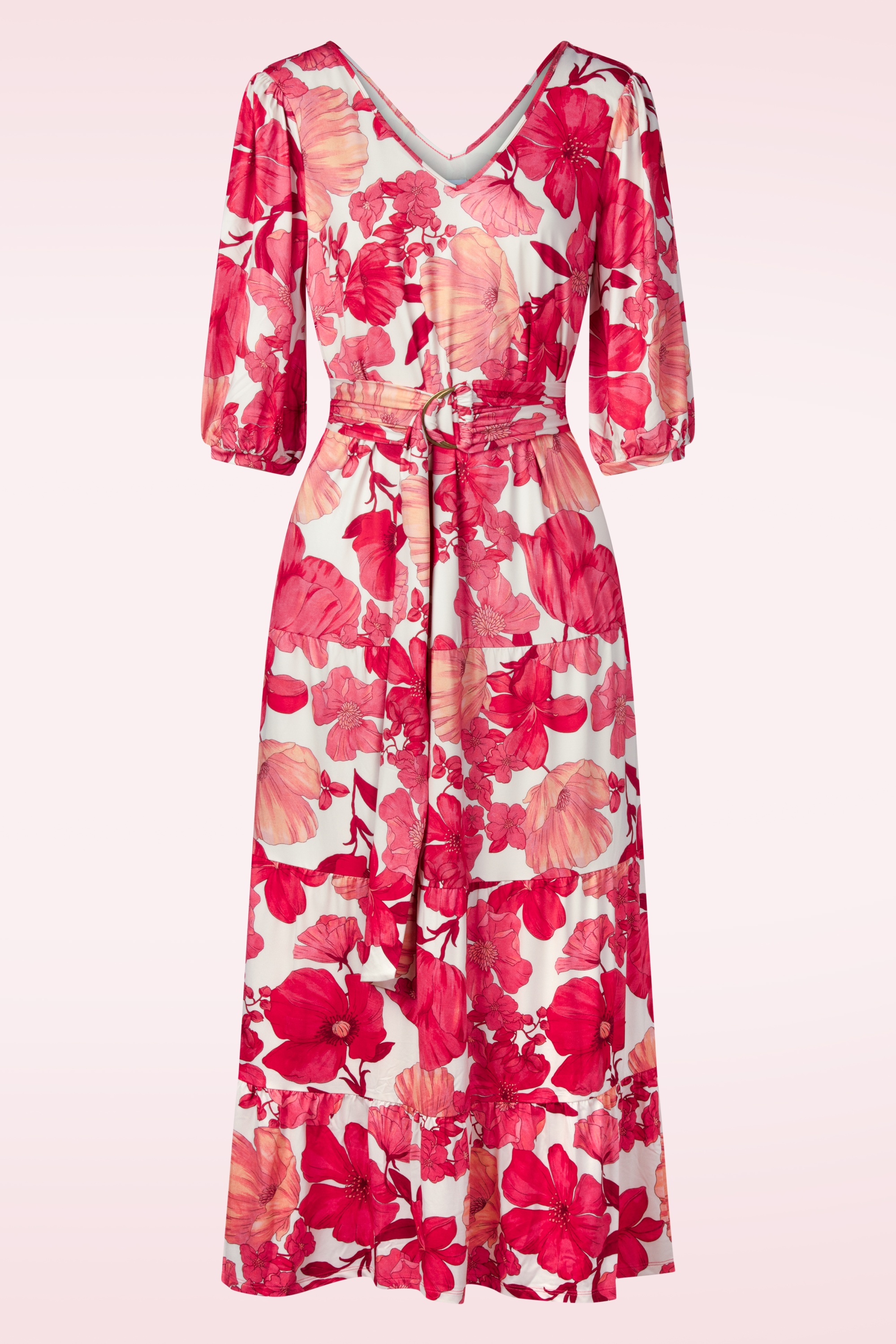 K-Design - Amber Blossom maxi jurk in gebroken wit en rood