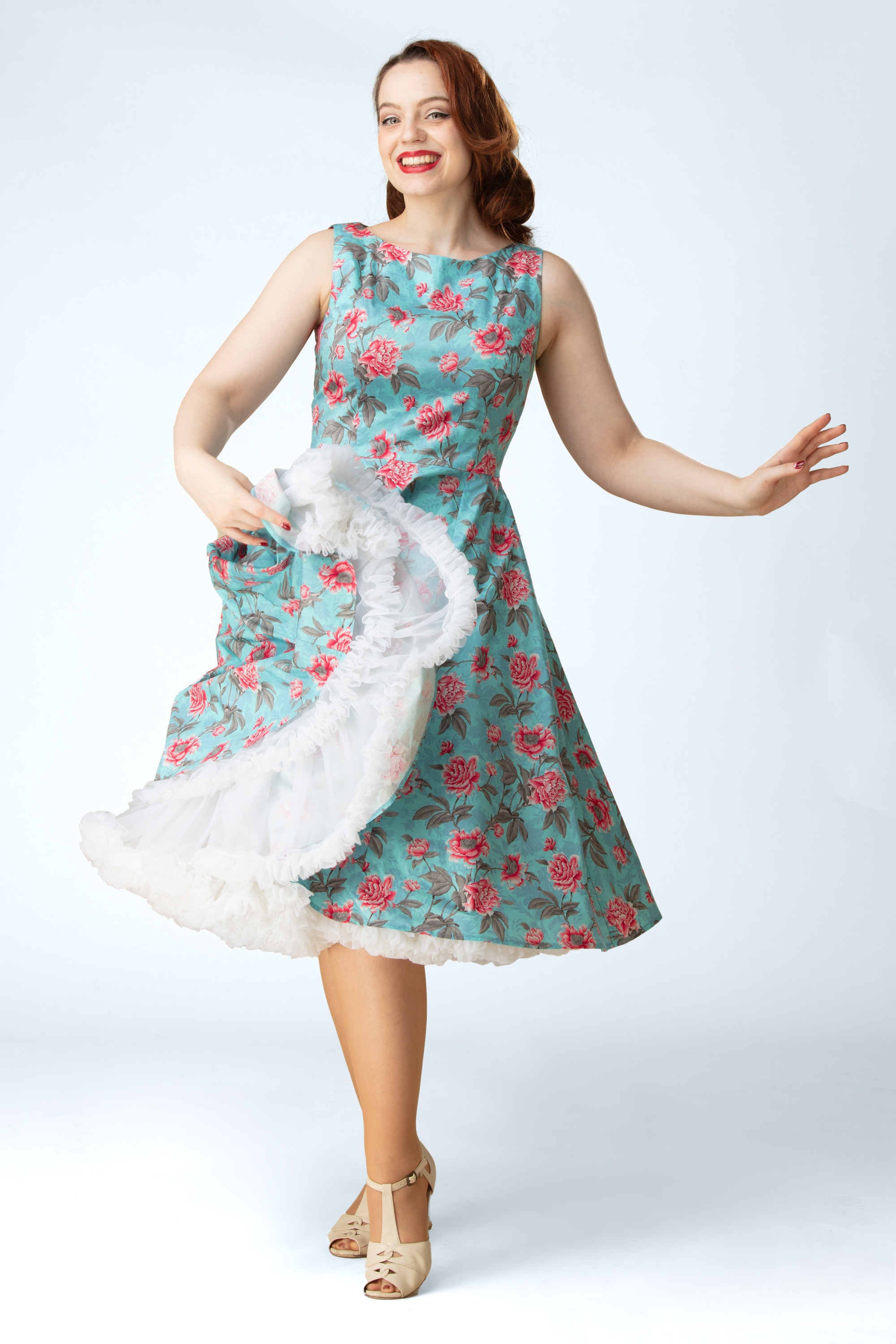 Topvintage Boutique Collection - Topvintage Exclusive ~ Adriana Peony swing jurk in aquablauw 6