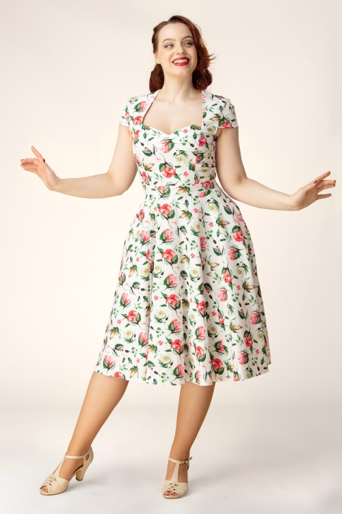 Topvintage Boutique Collection - Topvintage Exclusive ~ Ella Floral swing jurk in wit en multi 3