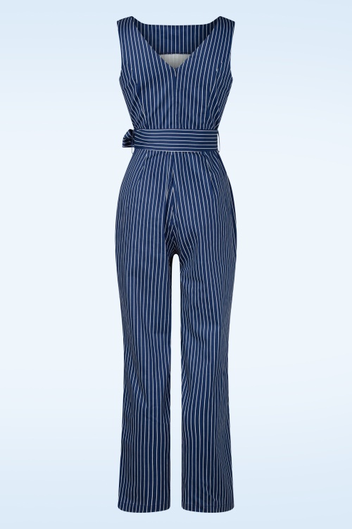 Topvintage Boutique Collection - Topvintage Exclusive ~ Elara Striped jumpsuit in marineblauw en wit 5