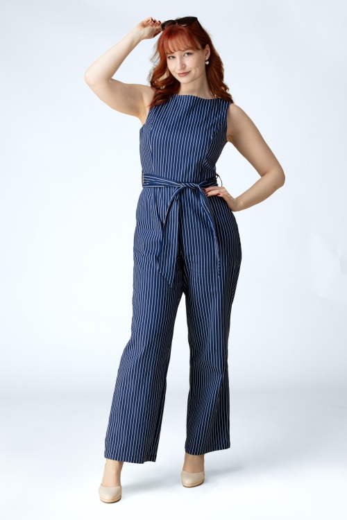 Topvintage Boutique Collection - Topvintage Exclusive ~ Elara Striped jumpsuit in marineblauw en wit