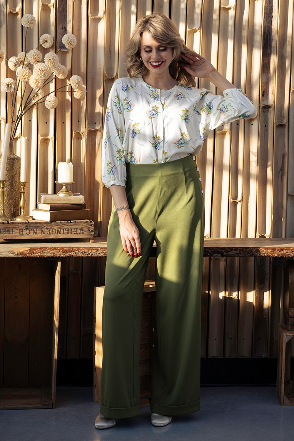 Banned Retro - Ottavia pantalon in olijfgroen