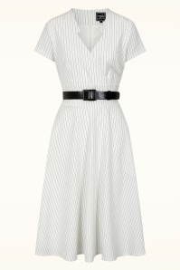 Glamour Bunny Business Babe - Topvintage exclusive ~ Chiara Pinstripe swing jurk in wit 2
