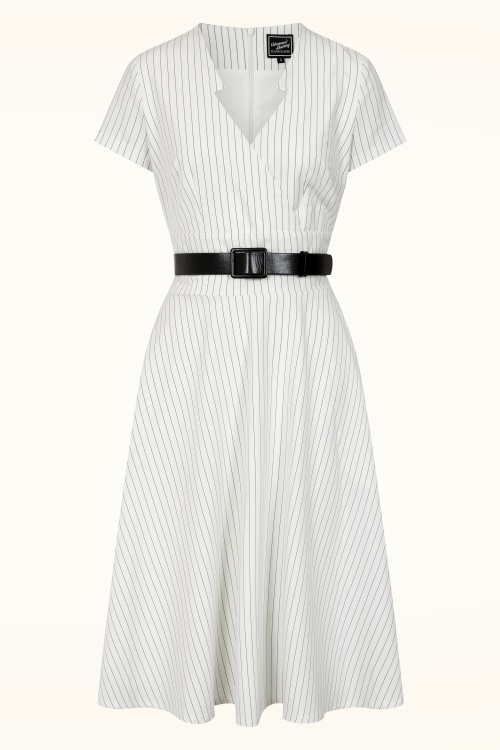 Glamour Bunny Business Babe - Topvintage exclusive ~ Chiara Pinstripe swing jurk in wit 2