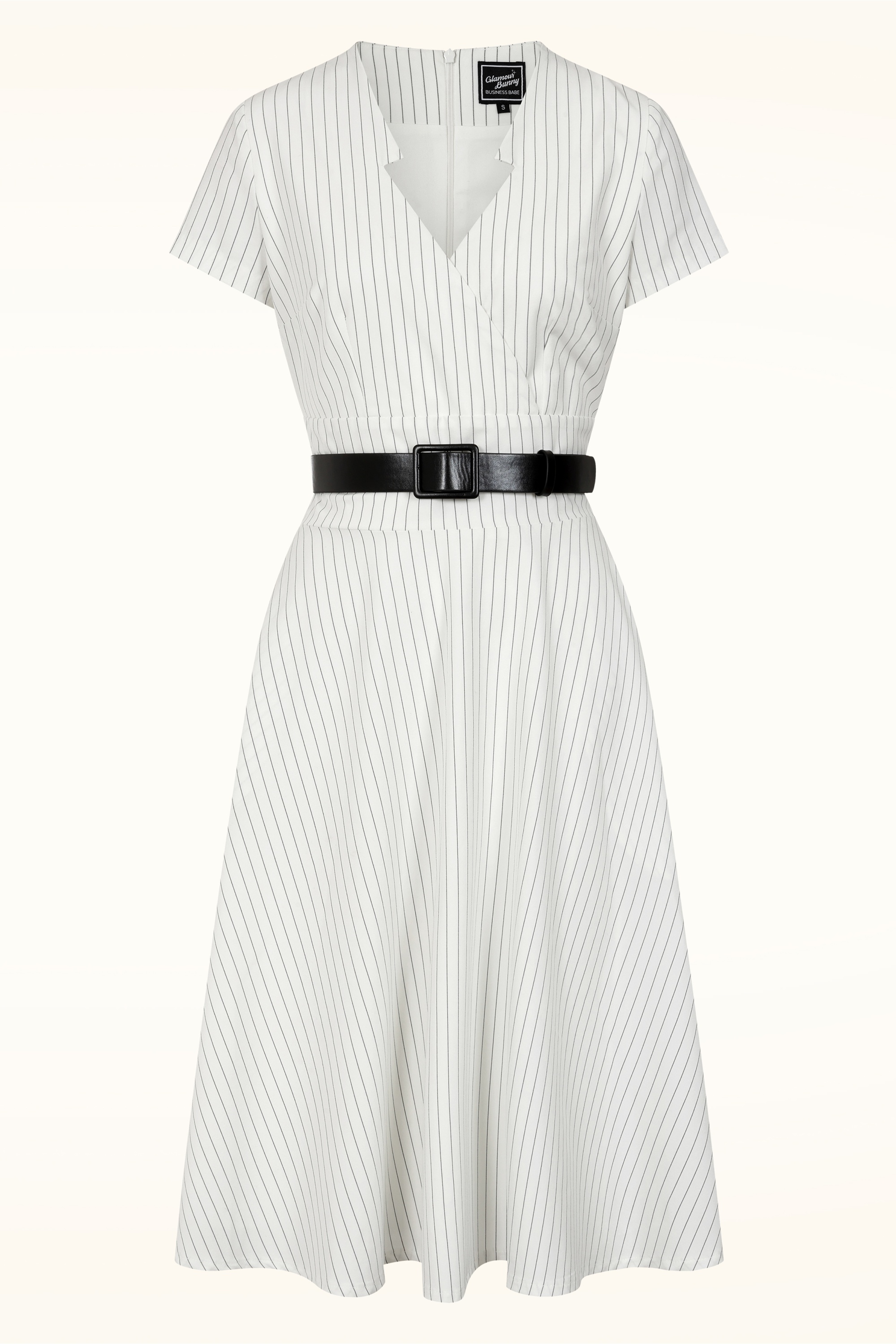 Glamour Bunny Business Babe - Topvintage exclusive ~ Chiara Pinstripe swing jurk in wit 2