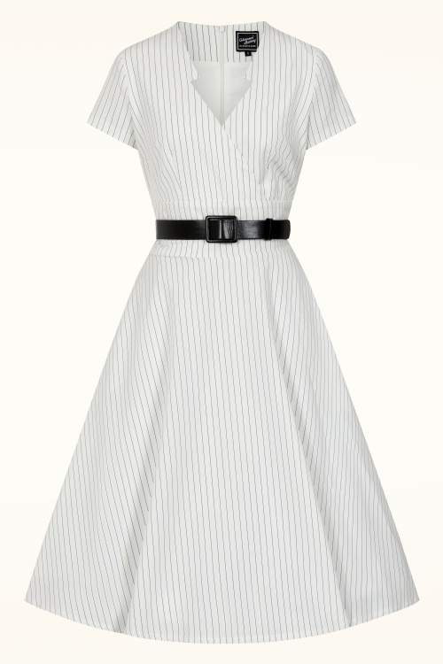 Glamour Bunny Business Babe - Topvintage exclusive ~ Chiara Pinstripe swing jurk in wit 5