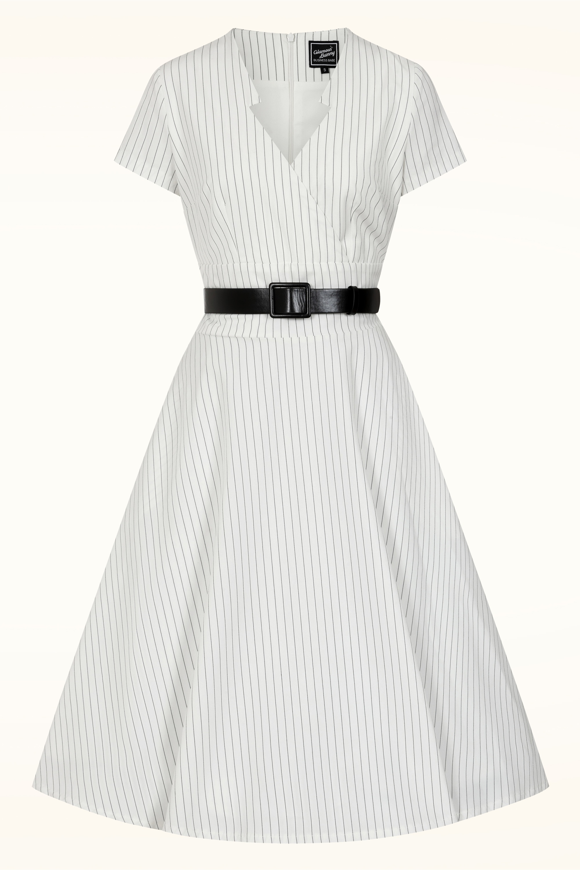 Glamour Bunny Business Babe - Topvintage exclusive ~ Chiara Pinstripe swing jurk in wit 5