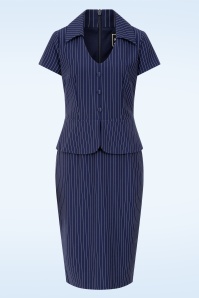 Glamour Bunny Business Babe - Topvintage exclusive ~ Penelope Pinstripe pencil jurk in marineblauw 2