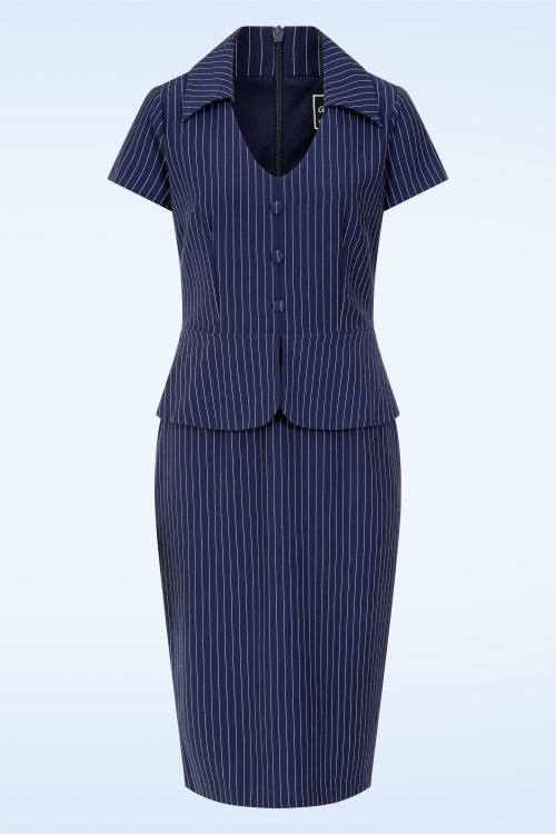Glamour Bunny Business Babe - Topvintage exclusive ~ Penelope Pinstripe pencil jurk in marineblauw 2