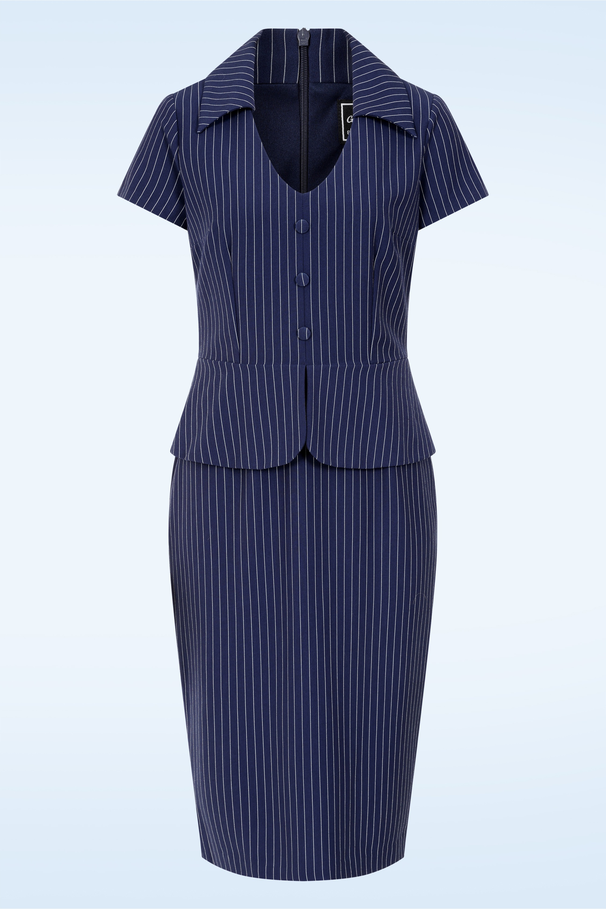 Glamour Bunny Business Babe - Topvintage exclusive ~ Penelope Pinstripe pencil jurk in marineblauw 2