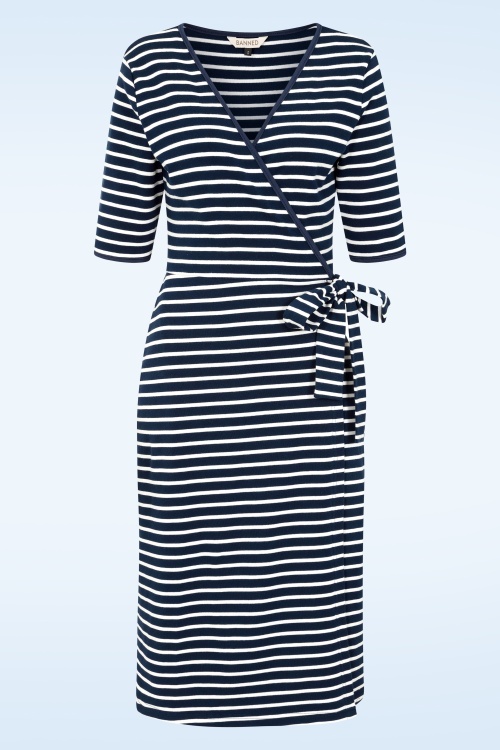Banned Retro - May Stripe A-lijn wikkeljurk in navy en wit 3