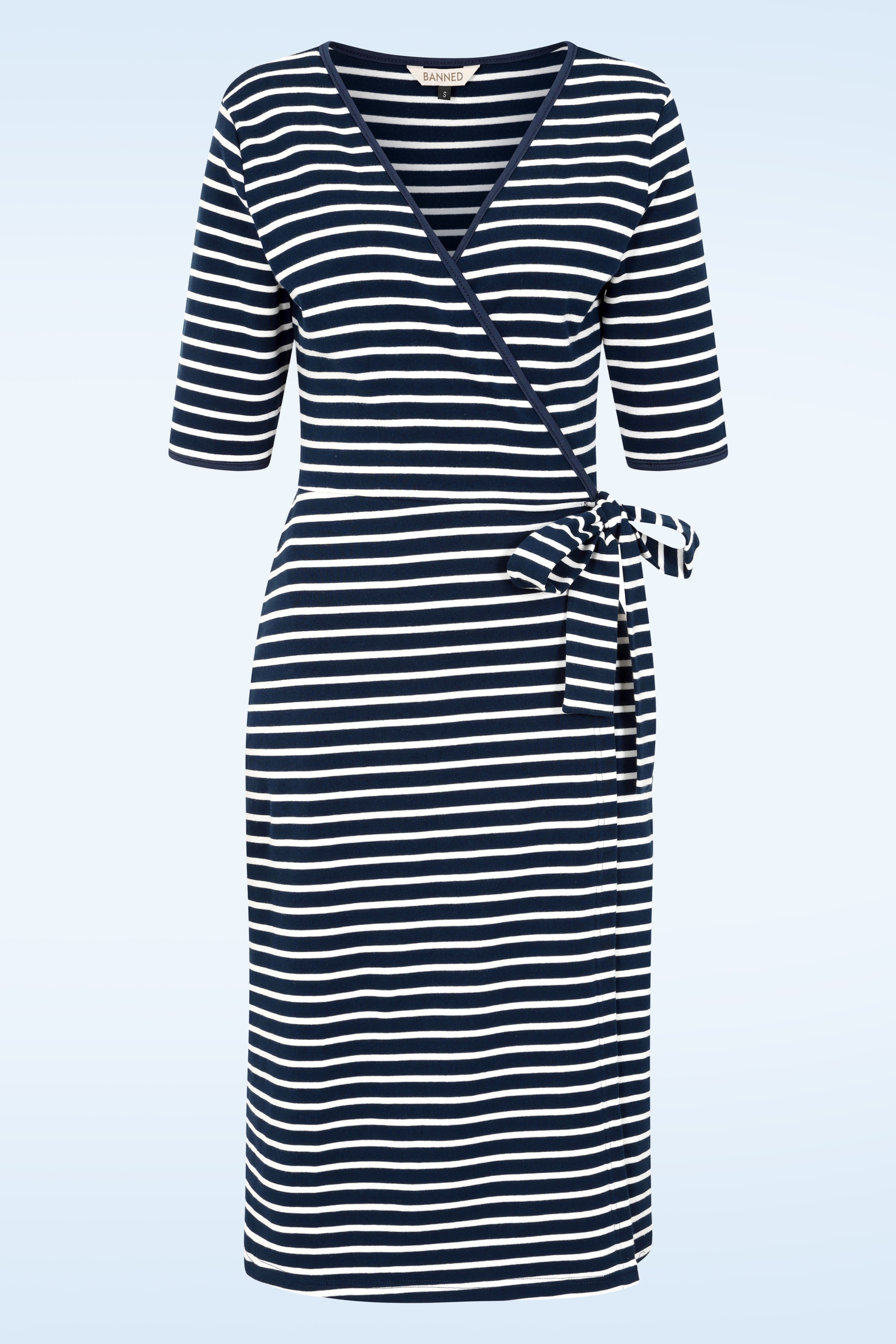 Banned Retro - May Stripe A-lijn wikkeljurk in navy en wit 3