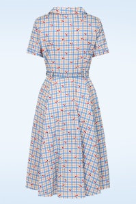 Banned Retro - Bella Cherry Check katoenen swing jurk in blauw 3
