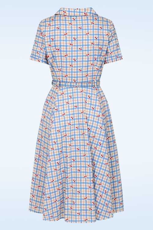 Banned Retro - Bella Cherry Check katoenen swing jurk in blauw 3