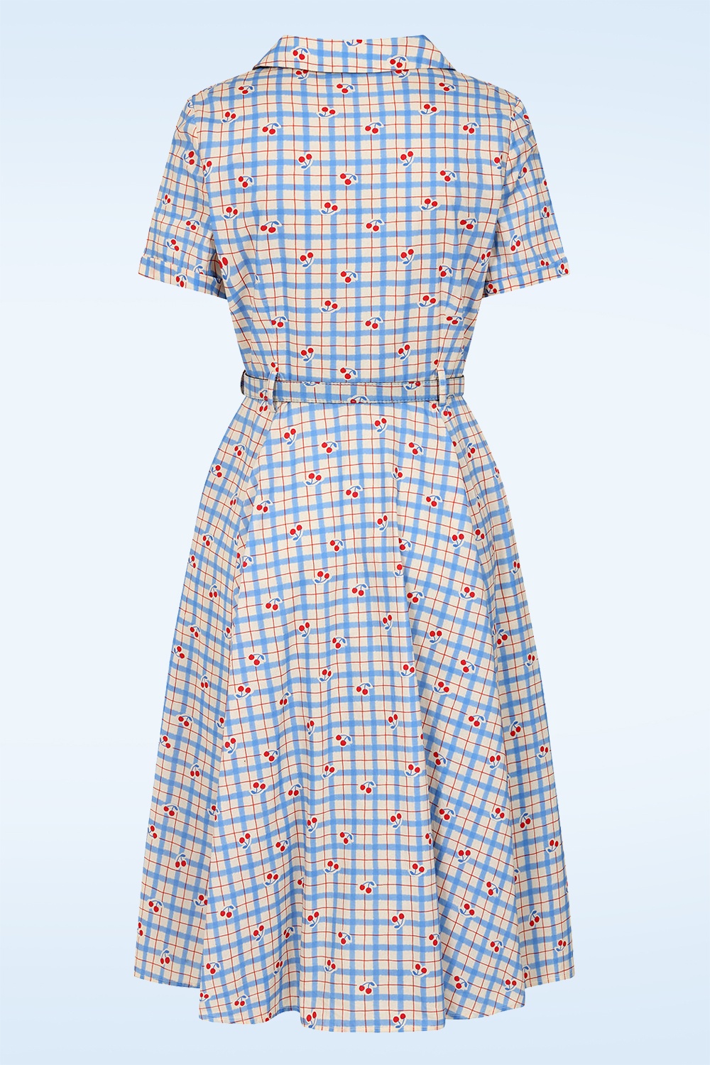 Banned Retro - Bella Cherry Check katoenen swing jurk in blauw 3