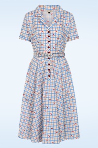 Banned Retro - Bella Cherry Check katoenen swing jurk in blauw