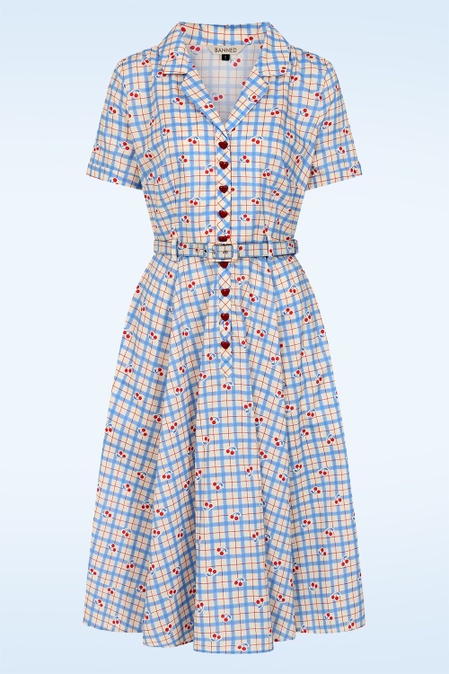 Banned Retro - Bella Cherry Check katoenen swing jurk in blauw