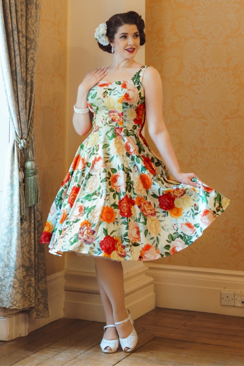 Hearts & Roses - Golden Peony swing jurk in botergeel en multi