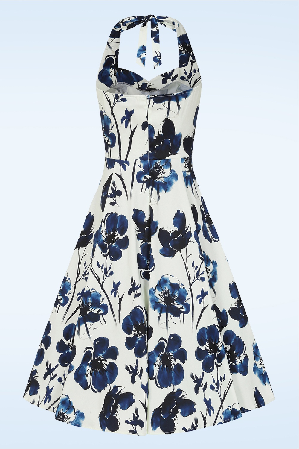 Hearts & Roses - Indigo Romance halter swing jurk in wit en donkerblauw 5