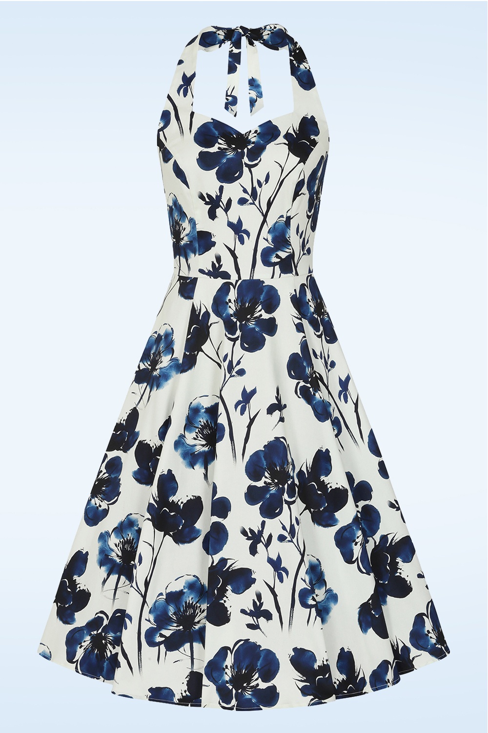 Hearts & Roses - Indigo Romance halter swing jurk in wit en donkerblauw 2