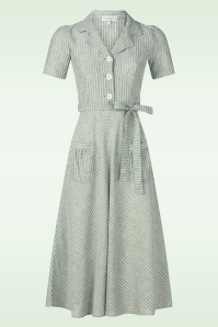 Very Cherry - Revers Striped linnen midi jurk in olijfgroen