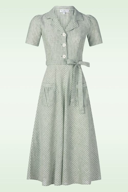 Very Cherry - Revers Striped linnen midi jurk in olijfgroen